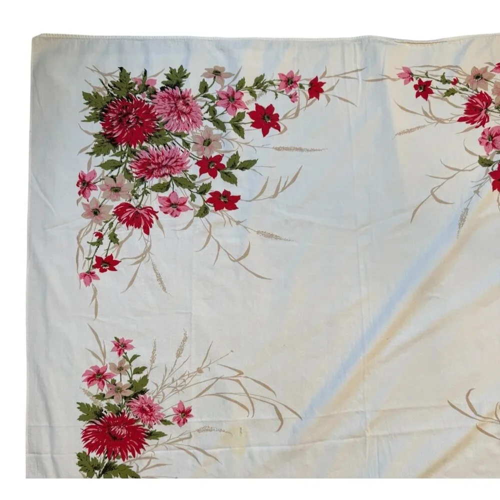 Vintage Floral Tablecloth MCM Red Pink Chrysanthemum Print Mum Flower‎ 51 x 60”